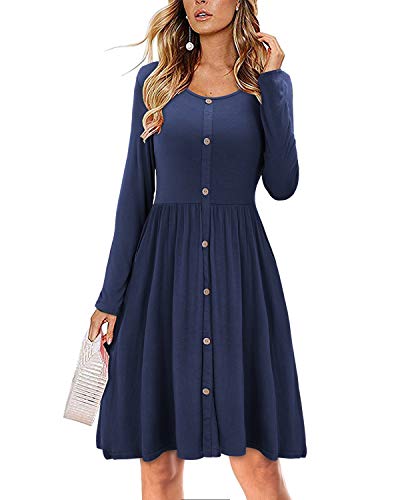 Product Cover II ININ Women's Long Sleeve Casual Button Down Loose Swing Dress with Pockets(Navy,XL)