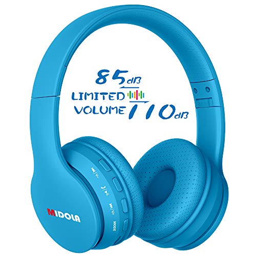 Product Cover Midola Volume Limited 85dB Kids Headphone Bluetooth Wireless Over Ear Foldable Stereo Sound Noise Protection Headset with AUX 3.5mm Cord Mic for Boys Girls Cellphone Ipad Tablets TV PC Blue