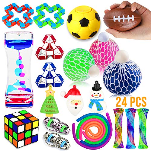 Product Cover Fidget Toys Set, 24 Pack Sensory Tools Bundle for Stress Relief Hand Toys for Kids and Adults, Stretchy String/Liquid Motion/Cube/Twist Puzzle/Mesh Marble - Perfect for ADHD ADD Anxiety Autism
