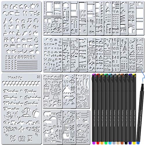 Product Cover TEOYALL 42 Pcs Journal Planner Stencils Plastic Stencils with 12 Color Fineliner Pens DIY Stencils Set for Notebook Diary