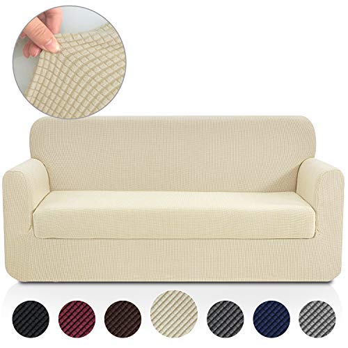 Product Cover Rose Home Fashion Jacquard Stretch 2 Separate Pieces Sofa Cover, Sofa Slipcover with Separate Cushion Cover Couch-Polyester Spandex Sofa Slipcover&Couch Cover for Dogs(Sofa: Beige)