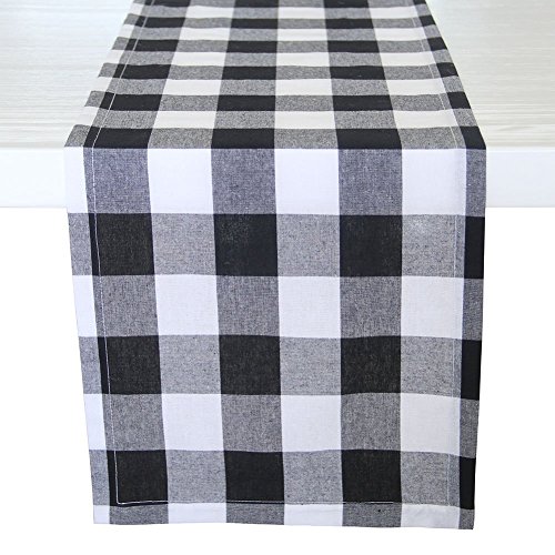 Product Cover ARKSU Christmas Table Runner Plaid Polyester-Cotton Blend for Dinner Table Indoor or Outdoor Parties Home Decor, Black and White, 12