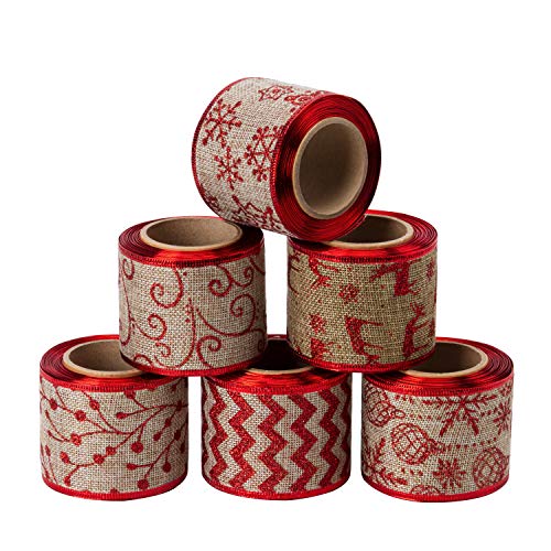 Product Cover LaRibbons Christmas Holiday Burlap Ribbon - 6 Rolls Glitter Burlap Ribbon with Wired Edge for Craft Projects, DIY, Decoration, Gift Wrap - 2.5 inch x 5 Yard Each Roll