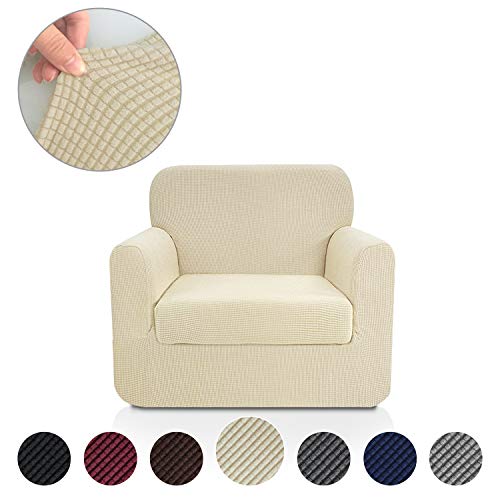 Product Cover Rose Home Fashion Jacquard Stretch 2 Separate Pieces Chair Cover, Chair Slipcover with Separate Cushion Cover Couch-Polyester Spandex Sofa Slipcover&Couch Cover for Dogs(Chair: Beige)