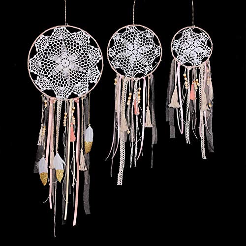 Product Cover CHICIEVE Pink Macrame Dream Catchers Wall Hanging Kids Girls Room Wall Decor 3Pcs Tassel Lace Dreamcatcher