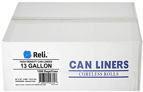 Product Cover Reli. 13 Gallon Trash Bags (1000 Count Bulk) Clear Trash Bags 13 Gallon in Bulk - Recycling Clear Can Liners 13 Gallon - 16 Gallon Tall Kitchen (13 Gal)