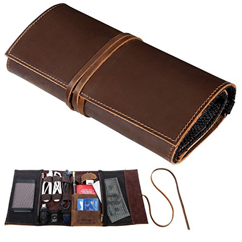 Product Cover Genuine Leather Electronics Cable Organizer Roll Up Case Cord Bag Travel Pouch for USB Cable, SD Card, Charger, Earphone, Passport, Cash, Coins, Phone, Flash Drive by BY BARNEY