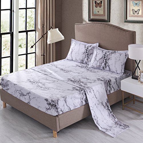 Product Cover Mengersi Marble Sheet Set - White Luxury Hotel Bed Sheets - Extra Soft - Deep Pockets - 1 Fitted Sheet, 1 Flat, 2 Pillow Cases - 4 Piece (Full, White)