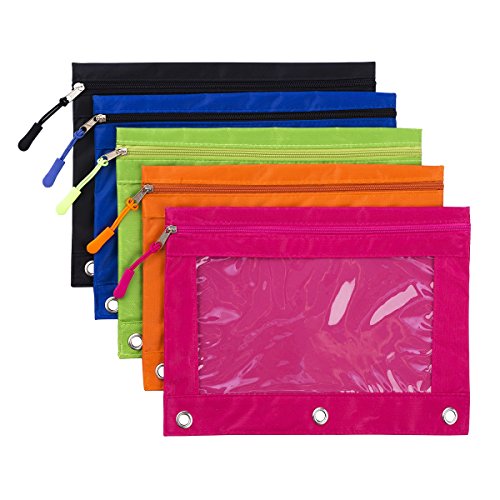 Product Cover Binder Pencil Pouch with Zipper Pulls, Pencil Case with Rivet Enforced 3 Ring, 5 Pack