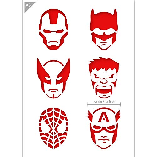 Product Cover QBIX Superheroes Stencil - Ironman, Batman, Wolverine, The Hulk, Spiderman, Captain America - A5 Size - Reusable Kids Friendly DIY Stencil for Face Painting, Baking, Crafts, Wall, Furniture