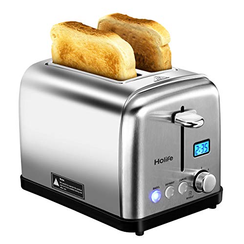Product Cover 2 Slice Toaster, HOLIFE Stainless Steel Toaster [LCD Timer Display] Bagel Toaster ( 6 Bread Shade Settings, Bagel/Defrost/Reheat/Cancel Function, Extra Wide Slots, Removable Crumb Tray, 900W, Silver)