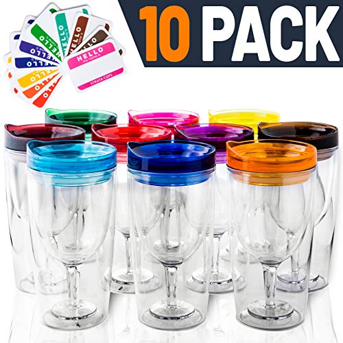 Product Cover Insulated Wine Tumbler With Lid (SET OF 10) +BONUS Name Decals | Outdoor Acrylic Plastic Wine Glasses | 10oz Cup Tumblers in 10 Colors - Adult Sippy | Unbreakable Stemless Wine Glass