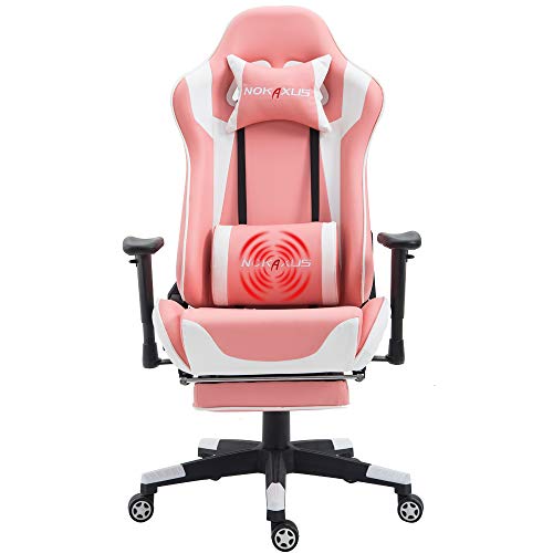 Product Cover Nokaxus Gaming Chair Large Size High-Back Ergonomic Racing Seat with Massager Lumbar Support and Retractible Footrest PU Leather 90-180 Degree Adjustment of backrest Thickening sponges (YK-6008-PINK)