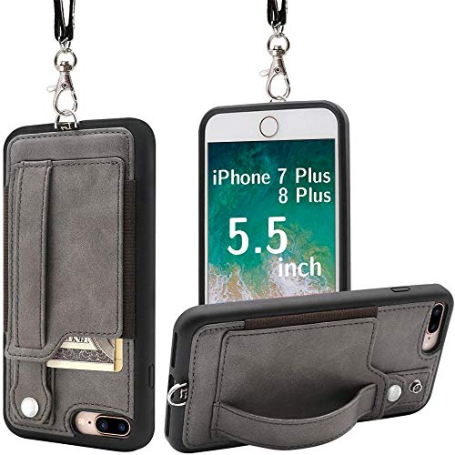 Product Cover TOOVREN Upgraded iPhone 7 Plus Case, iPhone 8 Plus Wallet Case, Necklace Lanyard Case with Kickstand Card Holder, Ajust Detachable Anti-Lost Lanyard Strap Perfect for Daily use, Work, Outdoors Grey