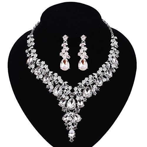 Product Cover Paxuan Silver Gold Wedding Bridal Bridesmaid Austrian Crystal Rhinestone Jewelry Sets Statement Choker Necklace Drop Dangle Earrings Sets for Wedding Party Prom