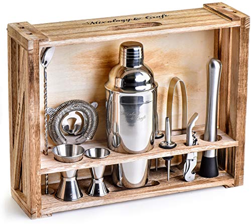 Product Cover Mixology Bartender Kit: 11-Piece Bar Tool Set with Rustic Wood Stand - Perfect Home Bartending Kit and Cocktail Shaker Set For an Awesome Drink Mixing Experience - Exclusive Cocktail Recipes Bonus