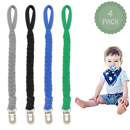 Product Cover Braided Pacifier Clips for Boys& Girls, 4 Pack Universal Baby Pacifier Leash, Flexible Hand-Made Teething Ring Holders for All Pacifiers, Teether Toys, Soothie by HIGO (Navy Blue/Grey/Green/Blue)