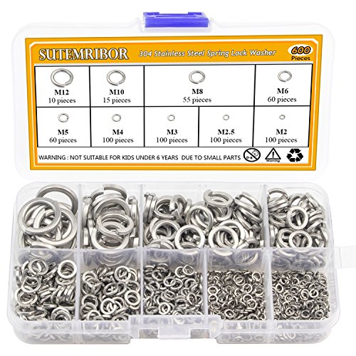 Product Cover Sutemribor 304 Stainless Steel Spring Lock Washer Assortment Set 600 Pieces, 9 Sizes - M2 M2.5 M3 M4 M5 M6 M8 M10 M12
