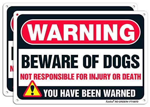 Product Cover Faittoo Beware of Dog Sign, 2 Pack Large 10 x 7 Inches Thick 0.40 Rust Free Heavy Duty Aluminum - UV Printed - Fade Resistant - Reflective - Indoor or Outdoor Use - Easy to Mount