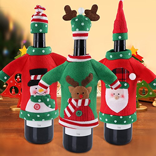 Product Cover PartyTalk 3pcs Ugly Sweater Christmas Wine Bottle Covers, Holiday Wine Bottle Sweater Cover with Hat for Ugly Christmas Sweater Party Decorations