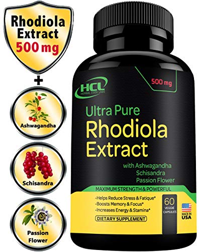 Product Cover Rhodiola Rosea Supplement High Potency Extract 500mg - 3% Rosavins 1% Salidrosides with Ashwagandha Shisandra Passion Flower Herb Powder Capsules - Natural Way to Relieve Stress - Pills for Energy ...