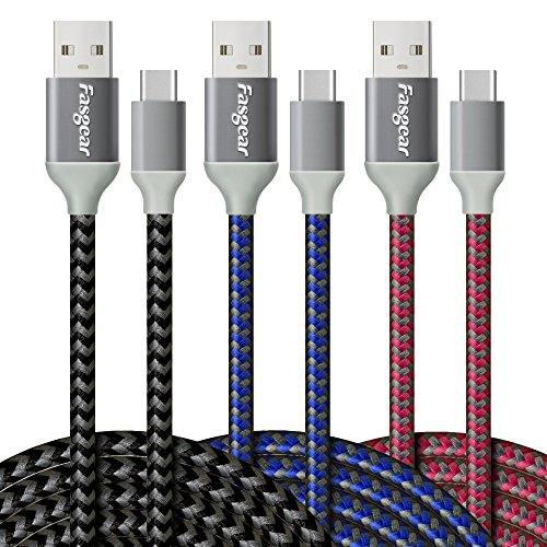 Product Cover USB Type C Cable 10ft, Fasgear 3 Pack Long USB to USB C Cable Nylon Braided Fast Charging Compatible with Galaxy Note 8 9 S8/S9/S10/S10+, LG V20/G6 and More (Blue/Black/Rose)