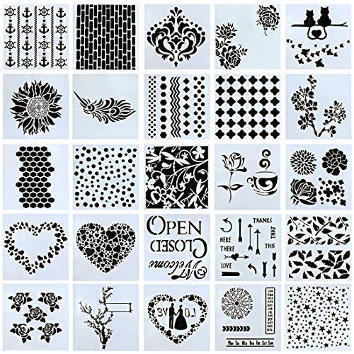 Product Cover Swpeet 25Pcs Mixed Pattern Hollow Out Painting Stencils Kit, Plastic Planner Stencils Square Shape Journal Stencil for Bullet Journal Painting Craft/Journal/Notebook/Diary/Scrapbook DIY