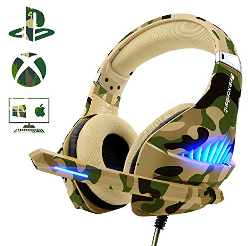 Product Cover Gaming Headset for PS4 Xbox One PC, Beexcellent Heavy Bass Headphone with Noise Cancelling Mic, Breathable Earmuff, Durable Braided Cord, Blue Led Light（Camo）