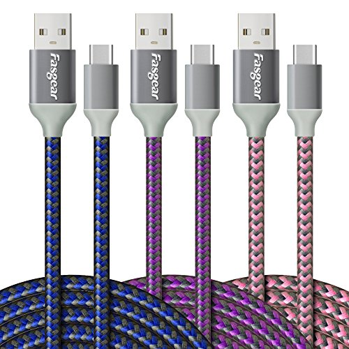 Product Cover USB to USB C Cable 10ft, Fasgear 3 Pack Long Type C Cable Nylon Braided Fast Charging Compatible with Galaxy Note 8 9 S8/S9/S10/S10+, LG V20/G6 and More (Blue/Purple/Pink)