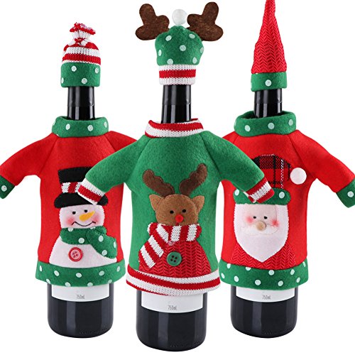 Product Cover OurWarm 3pcs Christmas Wine Bottle Cover, Ugly Christmas Sweater Wine Bottle Cover for Holiday Christmas Party Decorations