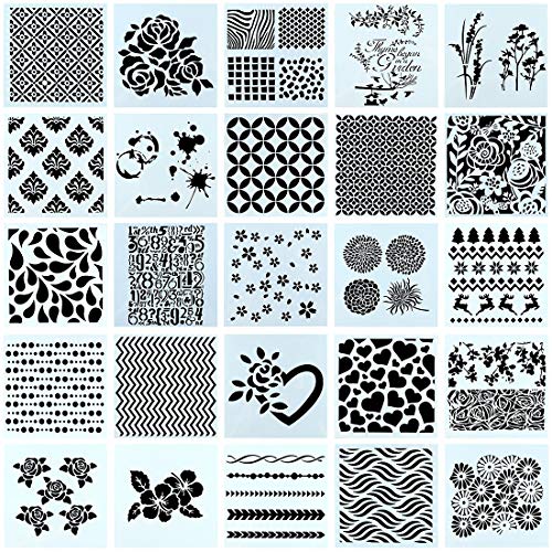 Product Cover Swpeet 25Pcs Mixed Pattern Hollow Out Painting Stencils Kit, Plastic Planner Stencils Square Shape Journal Stencil for Bullet Journal Painting Craft/Journal / Notebook/Diary / Scrapbook DIY