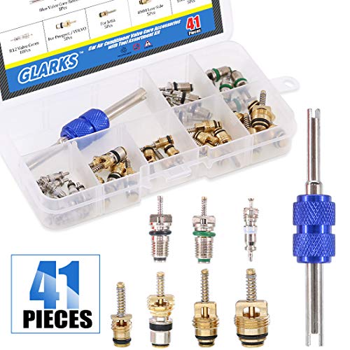 Product Cover Glarks 41Pcs Car Air Conditioner Valve Core Schrader Valve Cores Accessories A/C R12 R134a Refrigeration Tire Valve Stem with Double Head Dual Dismantling Remover Installer Tool Assortment Kit