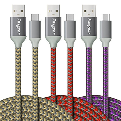 Product Cover USB to USB C Cable (10ft), Fasgear 3 Pack Long Type C Cable Nylon Braided Fast Charging Compatible with Galaxy Note 8 9 S8/S9/S10/S10+, LG V20/G6 and More (Gold/Red/Purple)