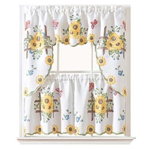 Product Cover GOHD Golden Ocean Home Decor 3pcs Kitchen Cafe Curtain Set Air Brushed by Hand of Sunflower and Butterfly Design on Thick Satin Fabric (Swag and 24 inches Tiers Set)