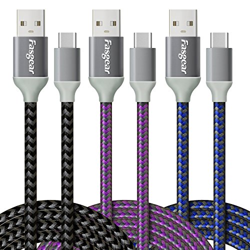 Product Cover Fasgear 6ft USB C Long Cables 3-Pack Nylon Braided USB Type-C Fast Charging Cord Data Sync Lead Compatible with Galaxy S10/S9/S8 Plus,Note 10 9,Moto G7 G6,LG V30,Pixel,Xperia XA2 (Black,Blue,Purple)