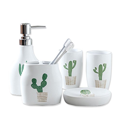 Product Cover 5 Piece Ceramic Bath Accessory Set Includes Bathroom Designer Soap or Lotion Dispenser,Toothbrush Holder,Tumbler,Soap Dish,Wedding,Housewarmung Gift (5 Pieces, Green Cactus)