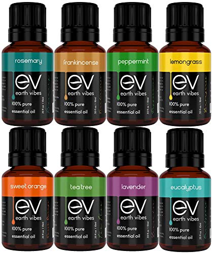 Product Cover Earth Vibes Essential Oils Set Top 8 Essential Oil For Aromatherapy - 8 x 10ml - Therapeutic Grade - 100% Pure Of The Highest Quality - Tea Tree, Lavender, Peppermint, Eucalyptus Gift Set Starter Kit
