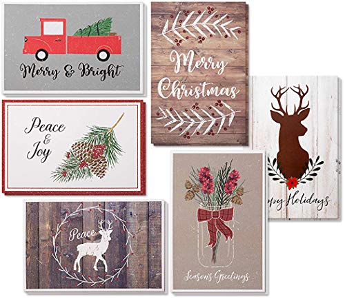 Product Cover 48-Pack Merry Christmas Holiday Greeting Card - Rustic Happy Holidays Xmas Cards in 6 Designs, Bulk Assorted Festive Winter Holiday Cards with Kraft Envelopes, 4 x 6 Inches