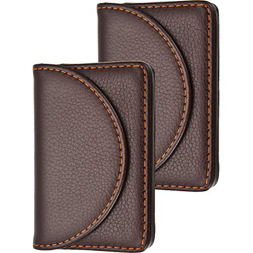 Product Cover Blulu 2 Pieces PU Leather Business Card Cases Card Holder Wallet Name Card Case with Magnetic Shut for Men and Women (Coffee)