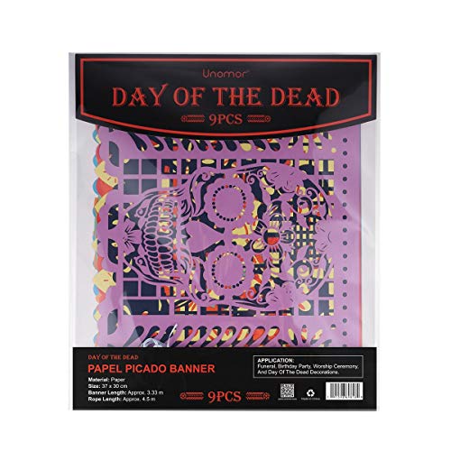 Product Cover Unomor Paper Papel Picado Banner For Day Of The Dead, 14.8 Feet Dia De Los Muertos Mexican Party Decorations