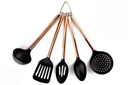 Product Cover COOK With COLOR 5 Piece Nylon Cooking Utensil Set on a Ring with Rose Gold Copper Handles (Black)