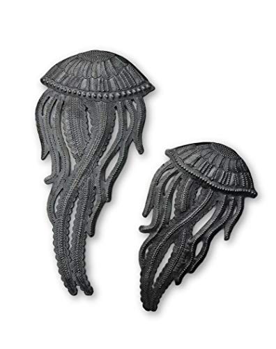 Product Cover Nautical Home Decor, Set of 2, Sea Life Beach Themed Decorative Plaques, Recycled Wall Art, 10 in. x 5 in, 7 in. x 4 in. (Jellyfish Decor)