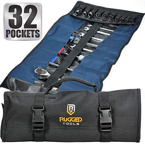 Product Cover 32 Pocket Tool Roll Organizer - Wrench Organizer & Tool Pouch - Wrench Roll Includes Pouches for 10 Sockets - Roll Up Tool Bag for Electrician, HVAC, Plumber, Carpenter or Mechanic - From Rugged Tool