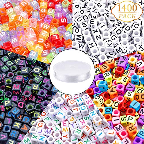 Product Cover 1400pcs 5 Color Acrylic Alphabet Cube Beads Letter Beads with 1 Roll 50M Crystal String Cord for Jewelry Making（6mm）