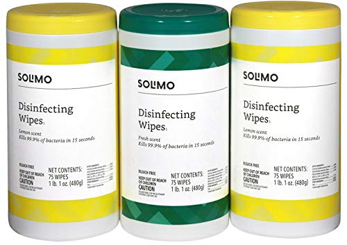 Product Cover Amazon Brand - Solimo Disinfecting Wipes, Lemon Scent & Fresh Scent, 75 Wipes Each (Pack of 3)