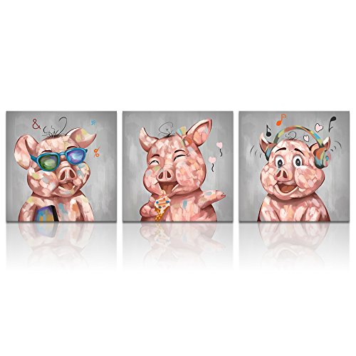 Product Cover Visual Art Decor Animals Painting Funny Eating Ice Cream Pig Glasses Piggy and Listen Music Pig Picture Canvas Prints Gallery Wrap Modern Artwork for Living Room Bedroom Decoration (12
