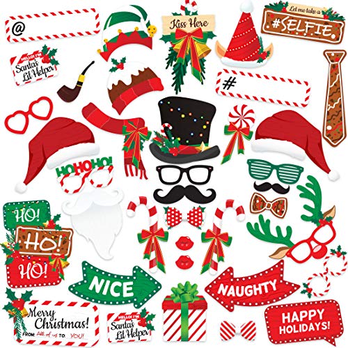 Product Cover Christmas Photo Booth Props 38pc - Artist Rendered Christmas Games for Party Supplies - Picture Backdrop Decorations Set Favors - Games For Kids & Adults - Holiday Photo Booth Selfie Props Photography