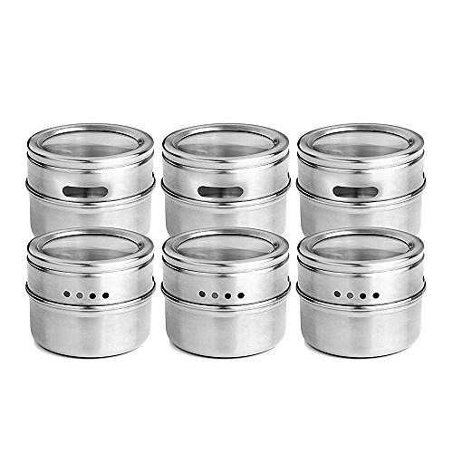 Product Cover Plainmarsh Spice Jar 6 Set, Magnetic Stainless Steel Spice Tins Spice Rack Organizer Condiment Container Set,Clear Top Lid & Sift-Pour Pack of 6