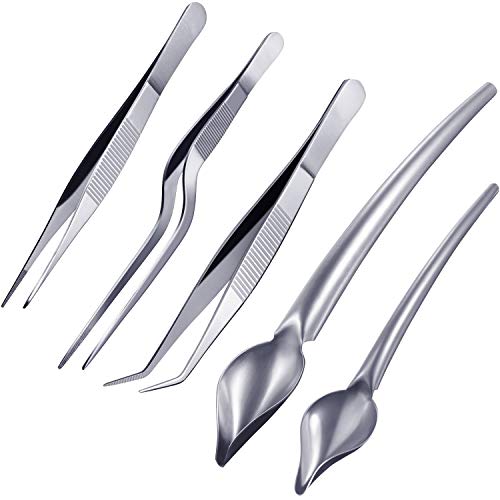 Product Cover Boao 5 Pieces Stainless Steel Cooking Tweezers Precision Tongs with Precision Serrated Tips and Multi-use Decor Precision Culinary Drawing Spoons for Plates Decorating