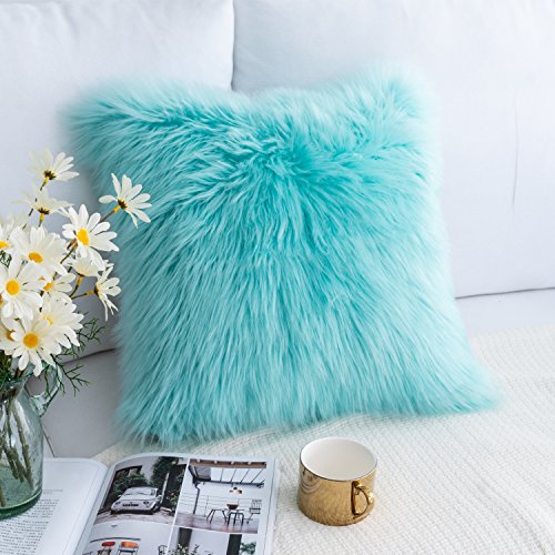 Product Cover Foindtower Mongolian Plush Faux Fur Square Decorative Throw Pillow Cover Cushion Case New Luxury Series Merino Style for Livingroom Couch Sofa Nursery Bed Home Decor 18x18 Inch (45x45cm) Turquoise